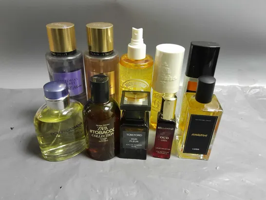 BOX OF APPROXIMATELY 10 ASSORTED UNBOXED FRAGRANCES TO INCLUDE - TOM FORD OUD FLEUR - DOLCE&GABANNA EAU DE TOILETTE - BRUNO BANANI BODY FRAGRANCE - ETC - COLLECTION ONLY