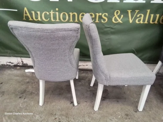 PAIR  BEWLEY UPHOLSTERED BUTTONED BACK DINING CHAIRS GREY VELVET ON WHITE LEGS