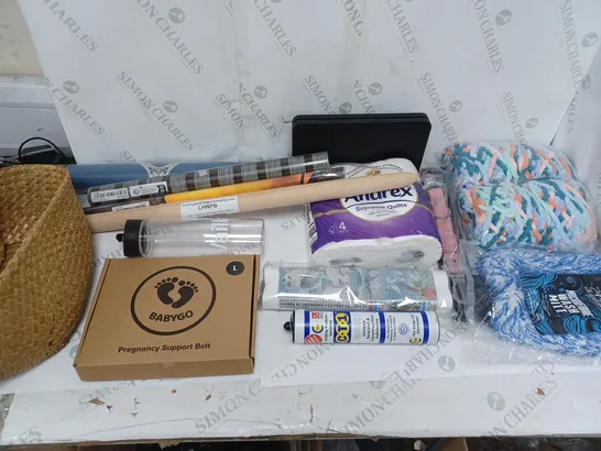 BOX OF APPROXIMATELY 12 ASSORTED ITEMS TO INCLUDE ANDREX SUPERDRY, PREGNANCY SUPPORT BELT, AND WALLPAPERS ETC. 