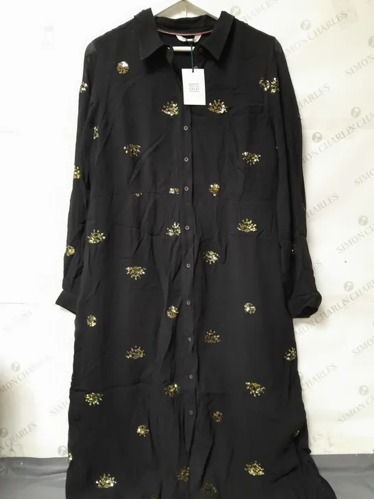 WHITE STUFF LADIES MAXI SHIRT DRESS BLACK WITH GOLD SEQUIN DETAIL SIZE 16