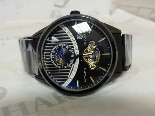 STOCKWELL AUTOMATIC OPEN HEART WATCH WITH MOONPHASE MOVEMENT BLACK STAINLESS STEEL STRAP RRP £575