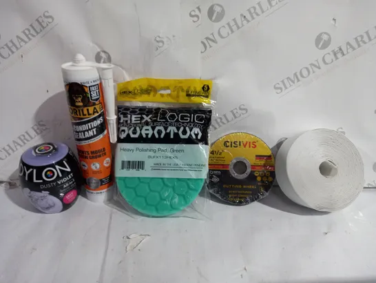 BOX OF APPROXIMATELY 8 ASSORTED ITEMS TO INCLUDE - CISIVIS CUTTING WHEEL - GORILLA ALL CONDITIONS SEALANT - DYLON DUSTY VIOLET ECT