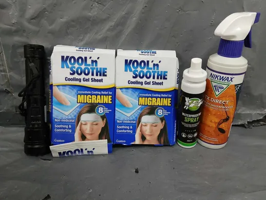 BOX OF APPROXIMATELY 12 ASSORTED ITEMS TO INCLUDE - KOOL N SOOTHE , FLASHLIGHT , WATERPROOF SPRAY ETC