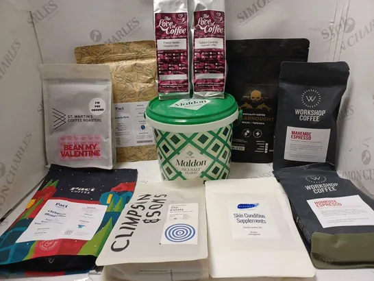 LOT OF APPROX 10 ASSORTED FOOD/DRINK ITEMS TO INCLUDE MALDON SEA SALT FLAKES, PACT COFFEE CHRISTMAS BLEND FILTER, DROUGHT SKIN CONDITION SUPPLEMENTS, ETC 