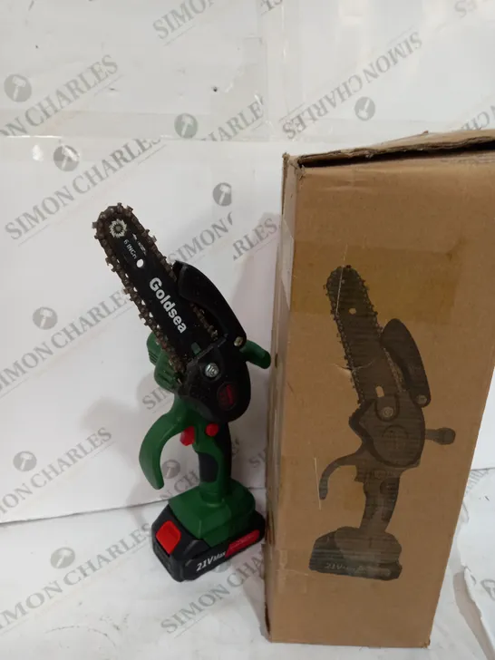 BOXED MINI CORDLESS CHAINSAW INCLUDING SPARE BATTERIES, GLOVES ETC