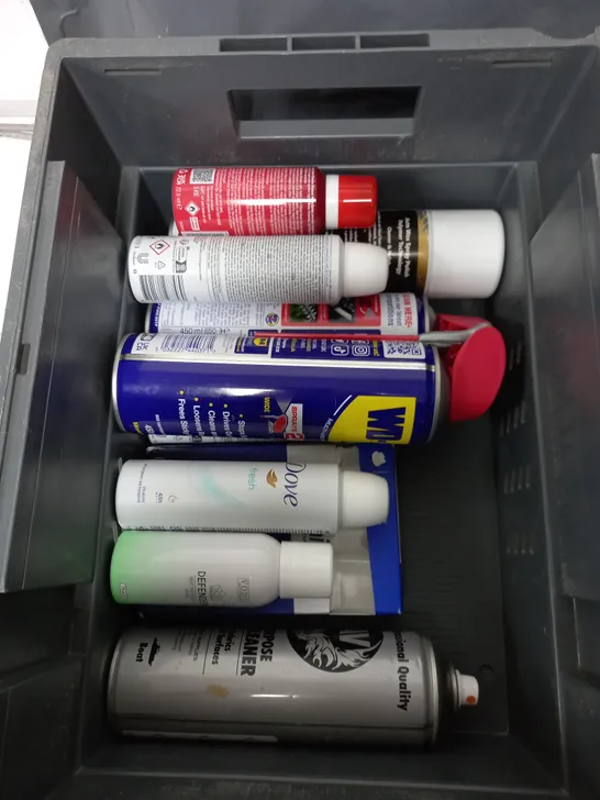 BOX OF APPROXIMATELY 10 ASSORTED AEROSOLS TO INCLUDE - VODUZ HEAT PROTECTION SPRAY - CARFUME ONE MILLION CAR FRAGRANCE - CHERRY BLOSSOM SNEAKER FRESH - ETC - COLLECTION ONLY