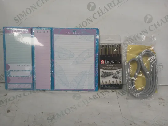 LOT OF APPROXIMATELY 15 ASSORTED HOUSEHOLD ITEMS TO INCLUDE REPLACEMENT FOUR FOLD BATH SCREEN SEAL, PIGMA MICRON FINELINERS PACK, ETC