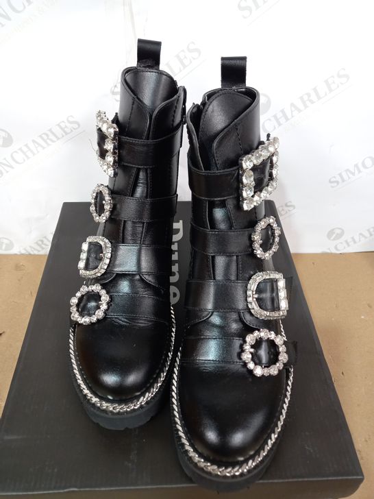BOXED PAR OF DUNE BLACK ANKLE BOOTS WITH DIAMANTE-STUDDED BUCKLES, EU SIZE 37