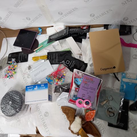 BOX OF APPROXIMATELY 20 ASSORTED HOUSEHOLD ITEMS TO INCLUDE FABRIC STAIN CLEANER, EARRINGS, CAPGEMINI NOTEPAD ETC