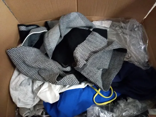 BOX OF ASSORTED CLOTHING ITEMS TOO INCLUDE JUMPERS, SHIRTS AND TROUSERS IN VARIOUS SIZES AND COLOURS   