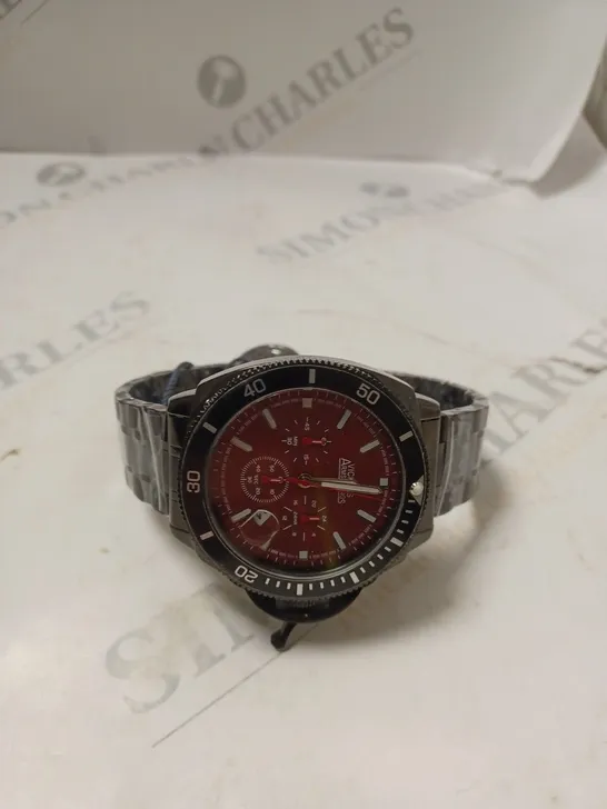 BOXED VICKERS ARMSTRONGS GEOSPHERE CHRONOGRAPH MOVEMENT RED DIAL BLACK CHAIN STRAP WATCH