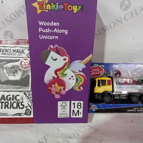 BOX OF APPROXIMATELY 15 ASSORTED TOYS AND GAMES TO INCLUDE CHAD VALLEY SERVICE VEHICLE, TINKIE TOYS WOODEN PUSH ALONG UNICORN, MARVIN'S MAGIC PUB TRICKS, ETC