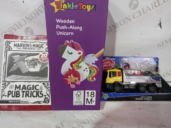 BOX OF APPROXIMATELY 15 ASSORTED TOYS AND GAMES TO INCLUDE CHAD VALLEY SERVICE VEHICLE, TINKIE TOYS WOODEN PUSH ALONG UNICORN, MARVIN'S MAGIC PUB TRICKS, ETC