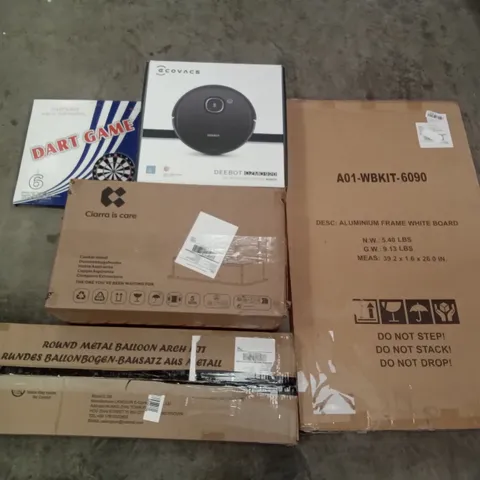 PALLET OF ASSORTED ITEMS INCLUDING ALUMINIUM FRAME WHITE BOARD, ROUND METAL BALLOON ARCH KIT, ECOVACS DEEBOT, COOKER HOOD, DART GAME, GOLF HITTING MAT