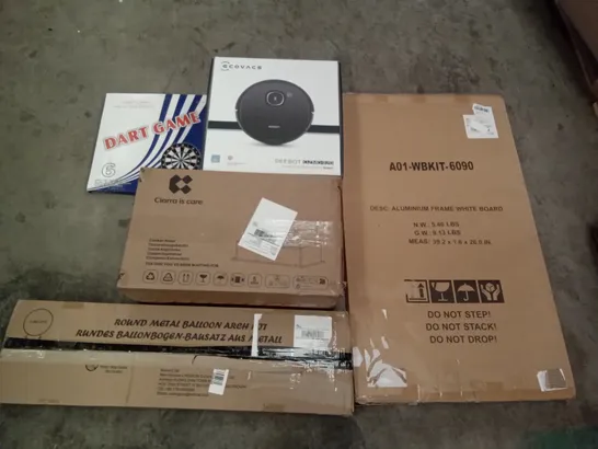 PALLET OF ASSORTED ITEMS INCLUDING ALUMINIUM FRAME WHITE BOARD, ROUND METAL BALLOON ARCH KIT, ECOVACS DEEBOT, COOKER HOOD, DART GAME, GOLF HITTING MAT