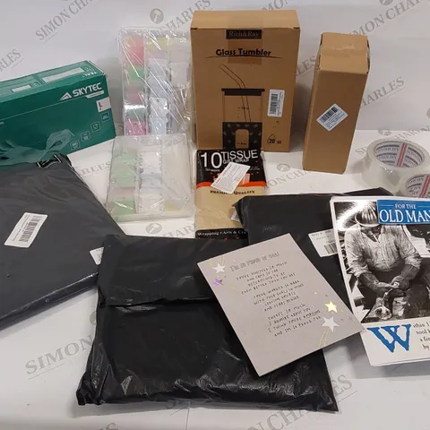 12 BRAND NEW ITEMS TO INCLUDE: CARDS, BOX OF TEAL NITRILE GLOVES, GLASS TUMBLER