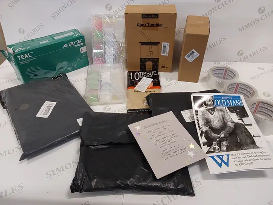 12 BRAND NEW ITEMS TO INCLUDE: CARDS, BOX OF TEAL NITRILE GLOVES, GLASS TUMBLER