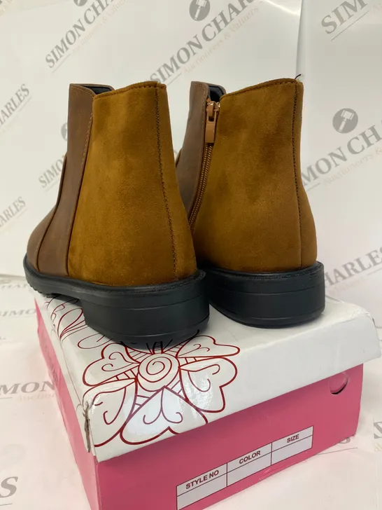 BOXED PAIR OF APPLE FOOTWEAR BROWN BOOTS SIZE 39