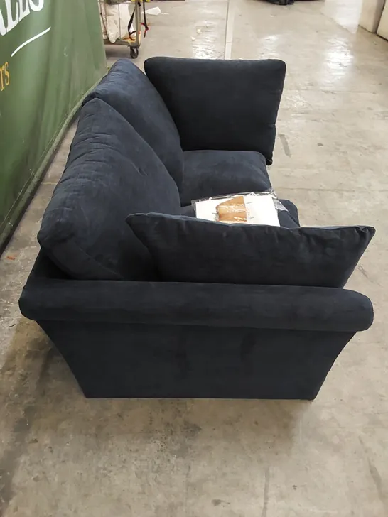 DESIGNER SOFA PIECE UPHOLSTERED IN NAVY FABRIC WITH CUSHIONS