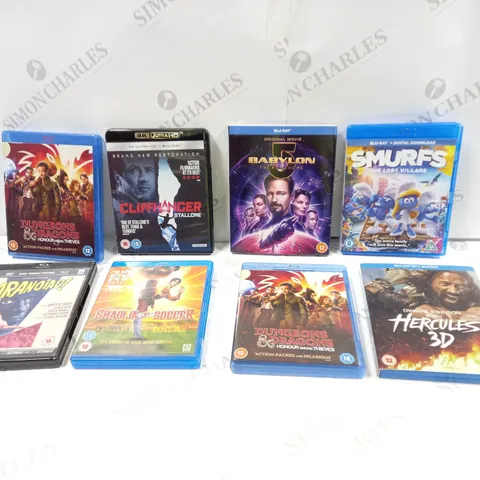 BOX TO CONTAIN 10 X ASSORTED BLU-RAYS AND DVD'S. INCLUDES FURY, DUNGEONS & DRAGONS, AND SHAOLIN SOCCER ETC