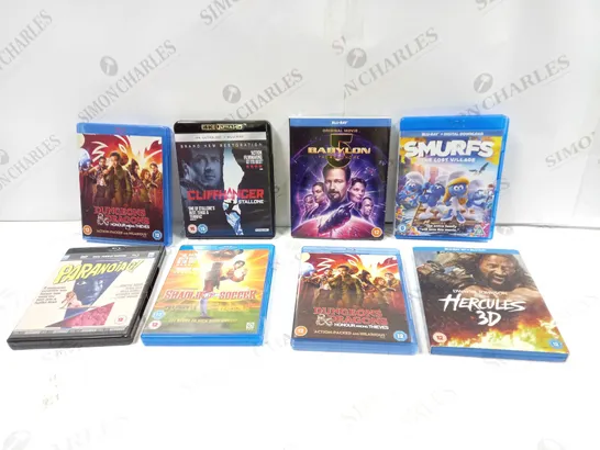 BOX TO CONTAIN 10 X ASSORTED BLU-RAYS AND DVD'S. INCLUDES FURY, DUNGEONS & DRAGONS, AND SHAOLIN SOCCER ETC