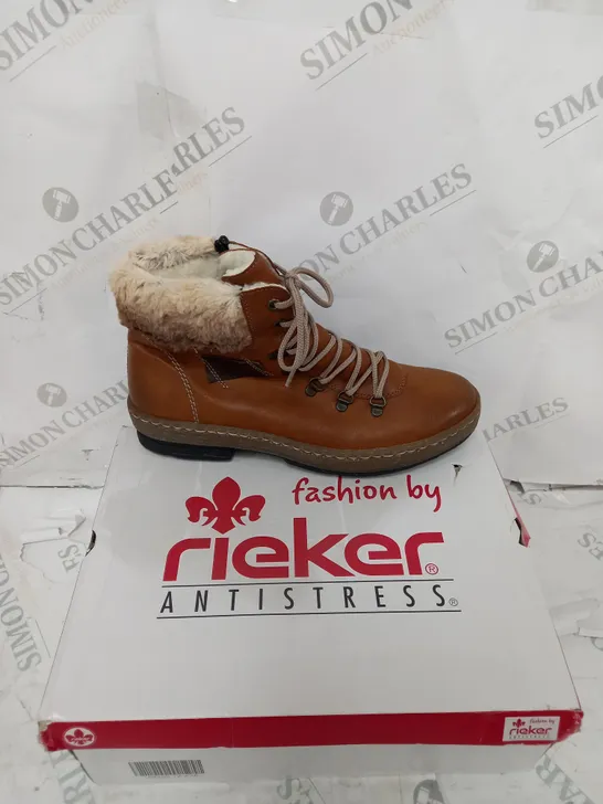 BOXED PAIR OF RIEKER LACE UP ANKLE BOOTS - TAN - UK SIZE 7.5