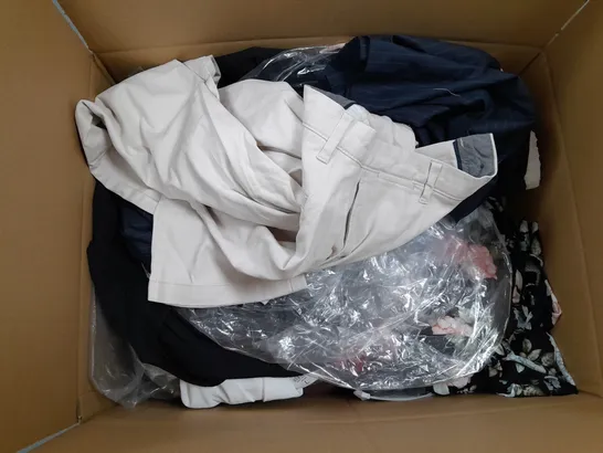 LARGE BOX OF ASSORTED CLOTHING ITEMS IN VARIOUS COLOURS AND SIZES INCLUDING DRESSES , SHIRTS AND JUMPERS 