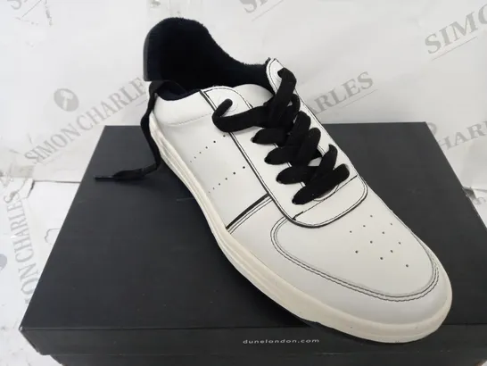 BOXED PAIR OF DUNE TRAINERS IN WHITE/BLACK UK SIZE 7