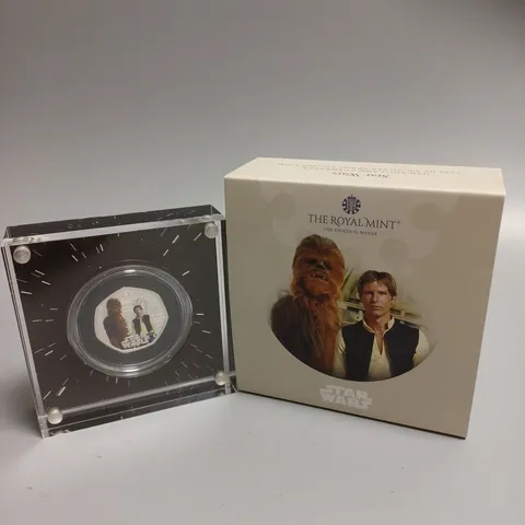 BOXED ROYAL MINT STAR WARS HAN SOLO & CHEWBACCA 2024 50P SILVER PROOF COLOUR COIN 