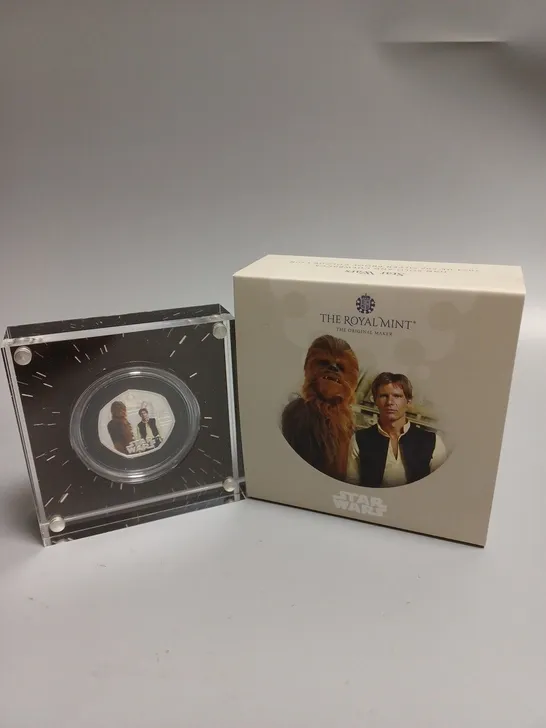 BOXED ROYAL MINT STAR WARS HAN SOLO & CHEWBACCA 2024 50P SILVER PROOF COLOUR COIN 