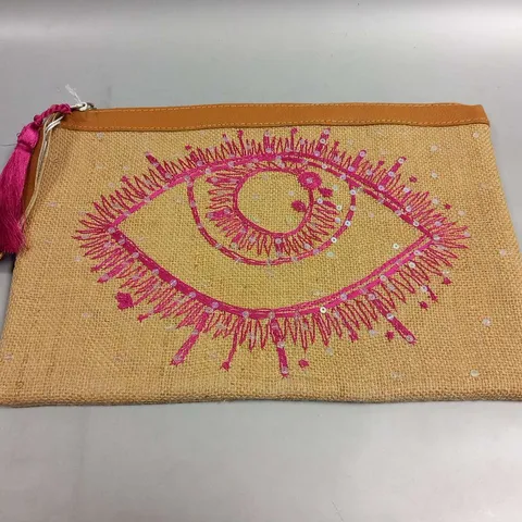 BRAND NEW BROWN PEPPER HANDBAGS PINK EYE NATURAL CANVAS CLUTCH BAG