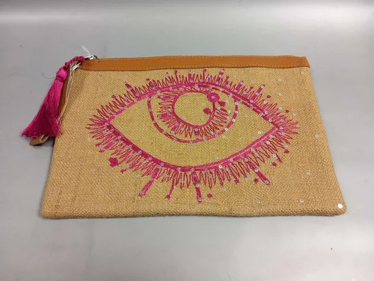 BRAND NEW BROWN PEPPER HANDBAGS PINK EYE NATURAL CANVAS CLUTCH BAG