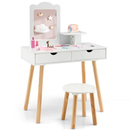 BOXED COSTWAY KIDS VANITY TABLE CHAIR SET WITH MIRROR AND 2 LARGE STORAGE DRAWERS - WHITE (1 BOX)