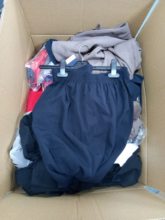 BOX OF ASSORTED CLOTHING ITEMS TOO INCLUDE JUMPERS, SHIRTS AND TROUSERS IN VARIOUS SIZES AND COLOURS   