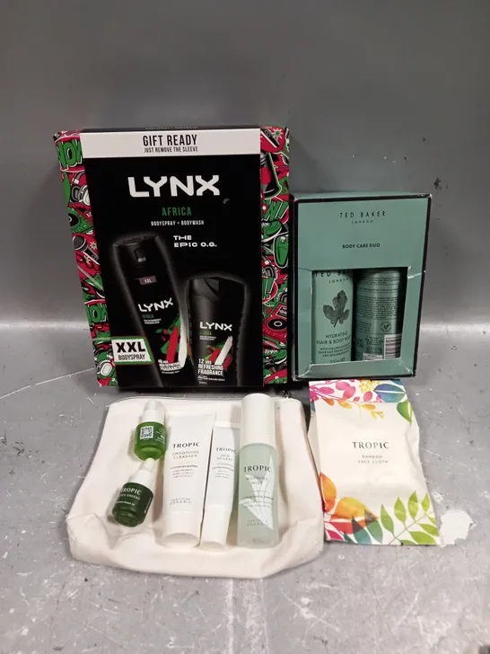 LOT OF 3 ASSORTED COSMETIC BOXSETS TO INCLUDE - LYNX AFRICA BODY COLLECTION - TED BAKER BODY CARE DUO - TROPIC SKINCARE COLLECTION