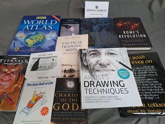 LOT OF APPROXIMATELY 20 ASSORTED BOOKS TO INCLUDE WORLD ATLAS, DRAWING TECHNIQUES AND ROMES REVOLUTION