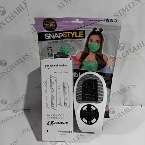 APPROXIMATELY 20 ASSORTED ITEMS TO INCLUDE SNAP STYLE PRINTABLE MASK, PORTABLE HEATER, FUN ICE BALL MAKER ETC. 