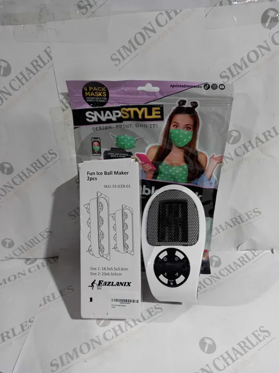 APPROXIMATELY 20 ASSORTED ITEMS TO INCLUDE SNAP STYLE PRINTABLE MASK, PORTABLE HEATER, FUN ICE BALL MAKER ETC. 