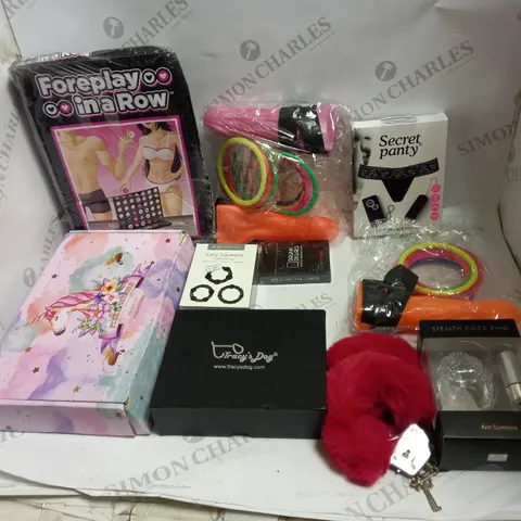 LOT OF APPROX 10 ASSORTED ADULT ITEMS TO INCLUDE DILDOS, COCK RING, FUZZY CUFFS ETC