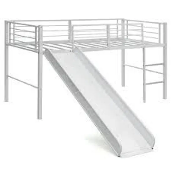 BOXED COSTWAY LOFT BED SINGLE SIZE KIDS BED FRAME W/ SAFETY GUARDRAILS LADDER & SLIDE - WHITE