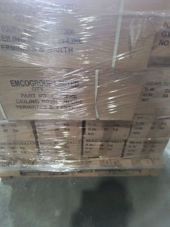 PALLET OF APPROXIMATELY 14 MULTI BOXES OF EMCO TO INCLUDE - CEILING ROSE 3 IN LINE TERMINALS & EARTH , TRIM FLUSH TV AERIAL SOCKET 