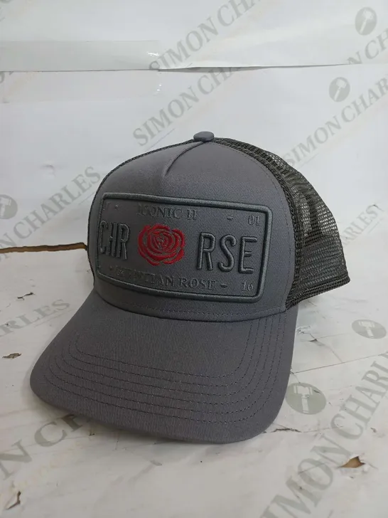 CHRISTIAN ROSE LIGHT GREY ROSE PLATE TRUCKER HAT  