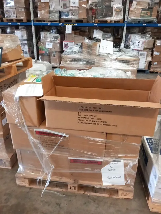 PALLET OF APPROXIMATELY 12 BOXED MECHANICAL VENTILATOR CONSUMABLES KITS TO INCLUDE; MANUAL RESUS BAG, HEAT MOISTURE EXCHANGER MECHANICAL FILTER WITH SAMPLING PORT, FACEMASK ANAESTHETIC, BREATHING CIRC