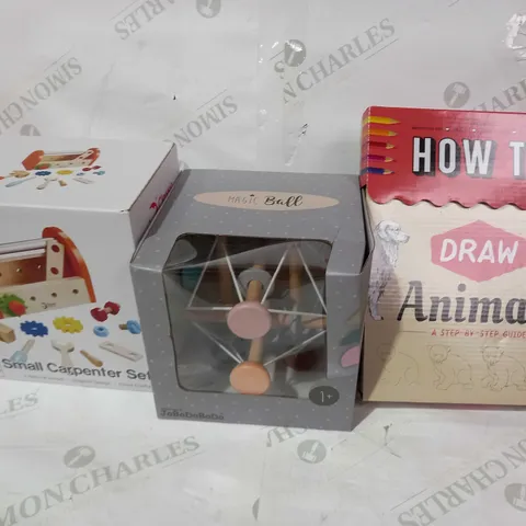 BOX OF APPROXIMATELY 5 ASSORTED TOYS AND GAMES TO INCLUDE SMALL CARPENTER SET, MAGIC BALL, HOW TO DRAW ANIMALS, ETC