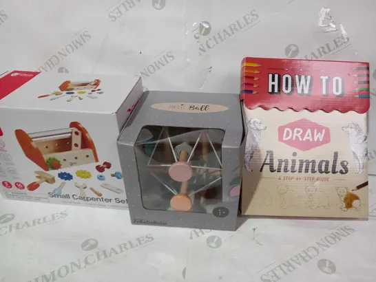 BOX OF APPROXIMATELY 5 ASSORTED TOYS AND GAMES TO INCLUDE SMALL CARPENTER SET, MAGIC BALL, HOW TO DRAW ANIMALS, ETC