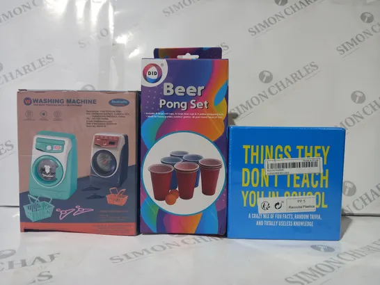 BOX OF APPROXIMATELY 20 ASSORTED TOYS AND GAMES TO INCLUDE THINGS THEY DON'T TEACH YOU IN SCHOOL TRIVIA GAME, BEER PONG SET, WASHING MACHINE, ETC