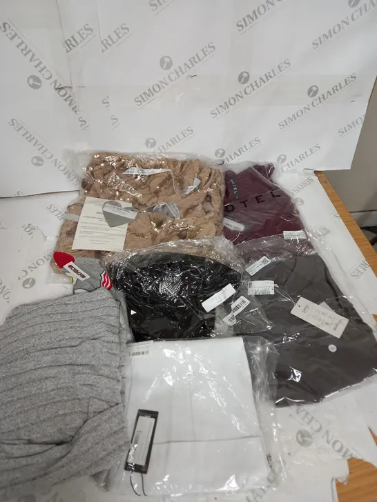 LARGE BOX OF ASSORTED CLOTHING ITEMS IN VARIOUS COLOURS AND SIZES INCLUDING TROUSERS , TOPS AND JUMPERS 