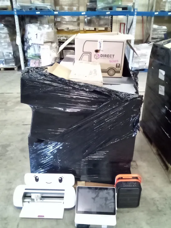 PALLET OF ASSORTED ITEMS INCLUDING JYX PORTABLE SPEAKER, ELO LED TILL SCREEN AND CRICUT MAKER