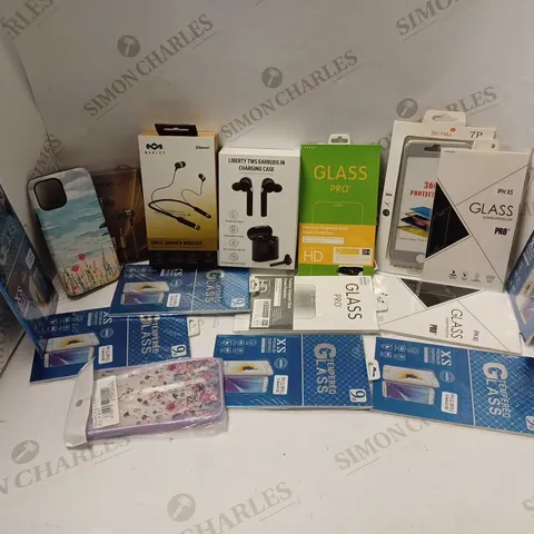 LOT OF APPROXIMATELY 30 ASSORTED MOBILE ACCESSORIES AND ELECTRICALS TO INCLUDE HOUSE OF MARLEY WIRELESS EARBUDS, TEMPERED GLASS SCREEN PROTECTOR, PHONE CASES, ETC