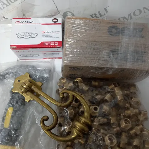 BOX OF ASSORTED HARDWARE TO INCLUDE PIPE FITTINGS / SMALL HAMMER/ BRASS DOOR KNOCKER / HD CAMERA 